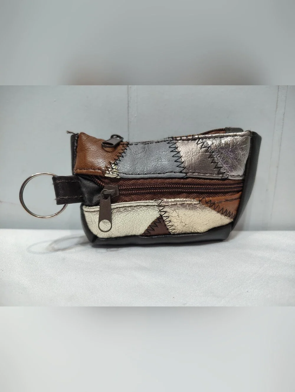 Vintage Brown Patchwork Leather Key Ring Wallet Coin Pouch Zig Zag Stitch